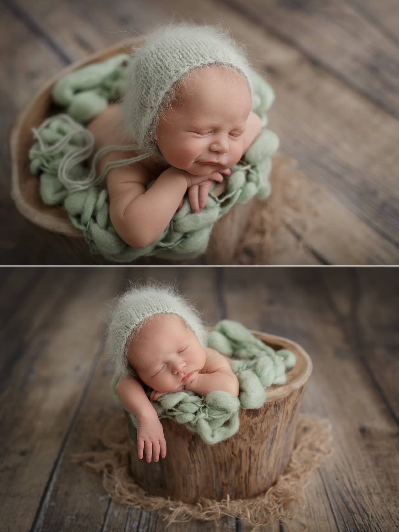Newborn fotografie miminka v pařezu