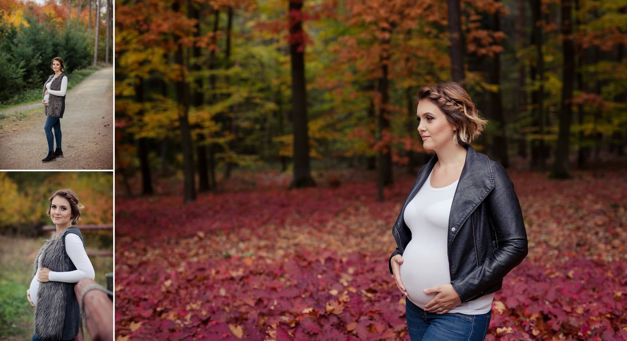 Těhotenské foto v podzimním barevném listí v přírodě